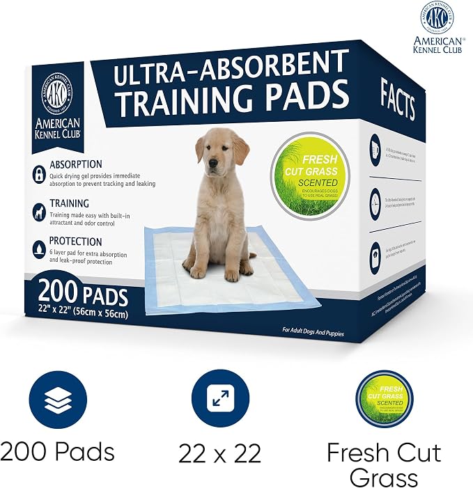 AKC Puppy Training Pads, 22" x 22", Grass Scented, 200 Count | Scented dog pee pads help control odors with ultra absorbent quick-dry gel, leakproof layers and potty training protection.