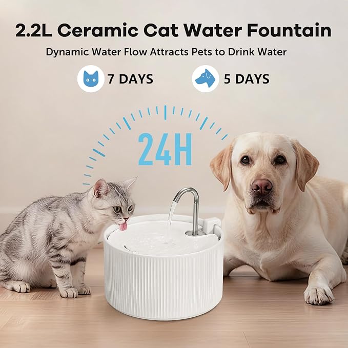 Upgrade 2.2L/78oz Ceramic Cat Fountain, Automatic Ceramic Water Fountain for Cats, Pet Water Fountain with Ultra-Quiet Pump (White)