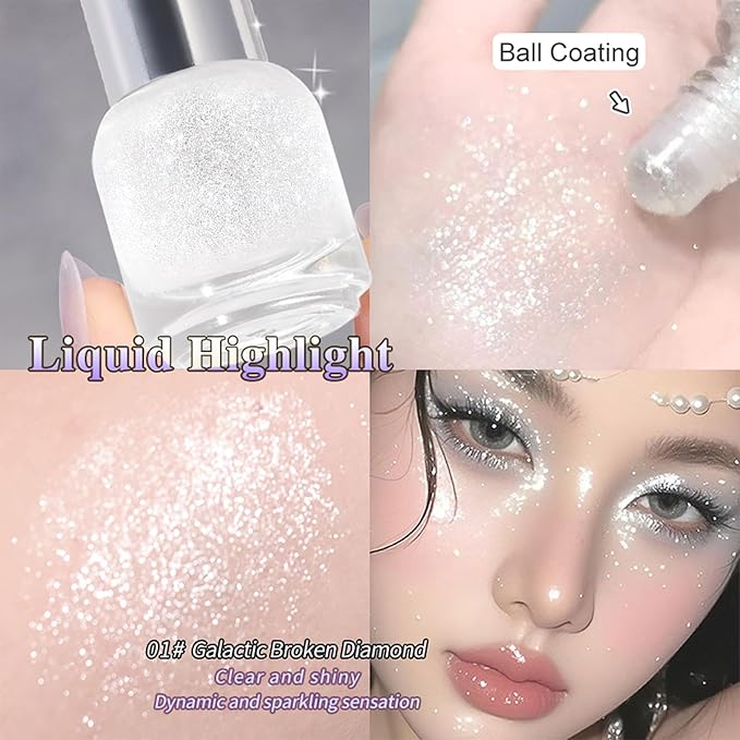 Diamond Roll On Liquid Highlighter for Radiant Glow, Watery-glowing Texture Shimmer Glow Face Luminizer, Long-Lasting Rollaway Body Glitter Makeup for Festival, Party & Daily Glow