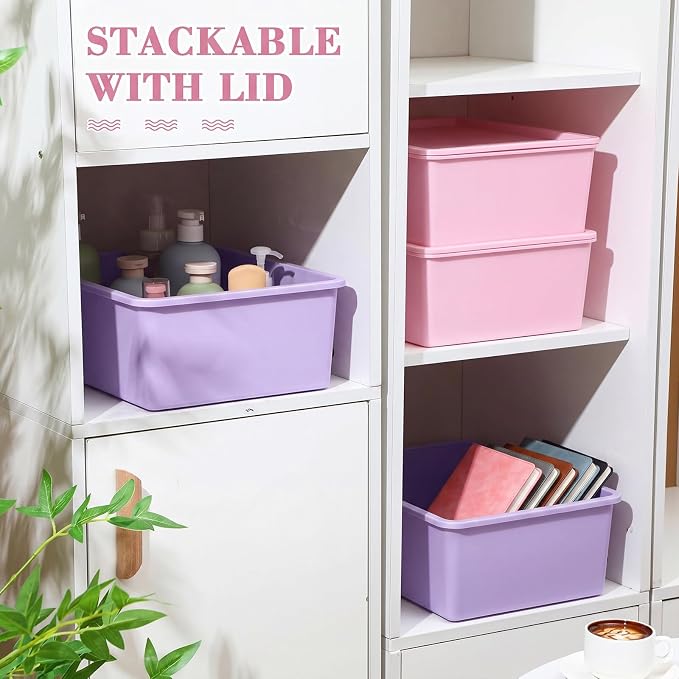 4 Pcs Storage Bins with Lids Plastic Stackable Containers for Classroom Room Organizing Shelves Christmas Ornament Box Baskets(Pink, Purple,Large)