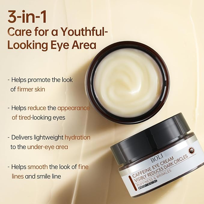 BOLI Caffeine Eye Cream, Hyaluronic Acid Niacinamide Peptides for Puffy Bags Fine Lines Dark Circles, Under Eye Cream