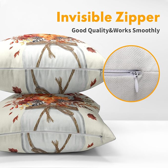 Kawani Farmhouse Fall Pillow Covers 18x18 Inch, Set of 2 Pumpkin Leaves Plant Orange Botanical Cotton Linen Zippered Square Cushion Case for Couch Sofa Bed Home and Outdoor Decor