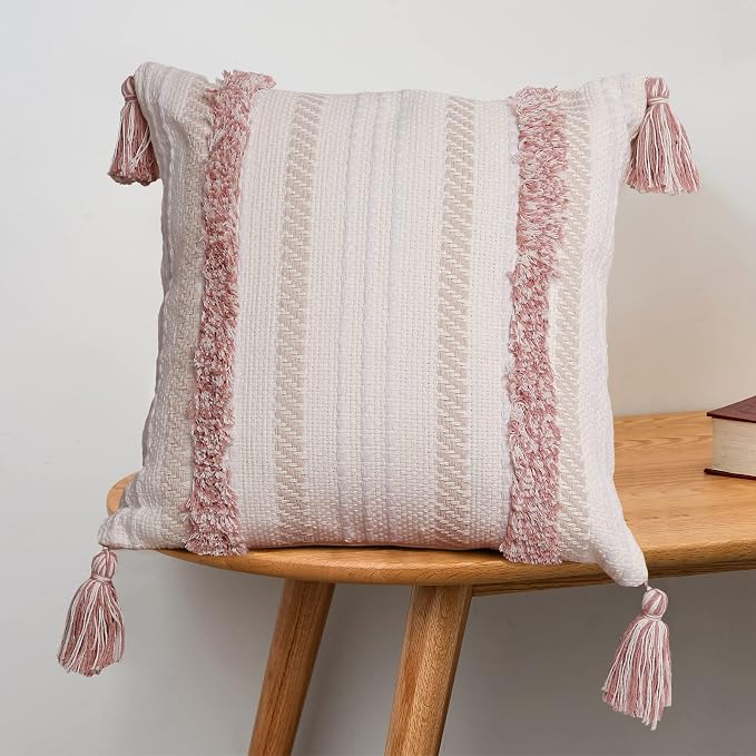 Boho Pink Pillow Covers 20x20 Inch Tufted Tassel Square Throw | Pink tufted square cushion case with tassels, boho decor for living room