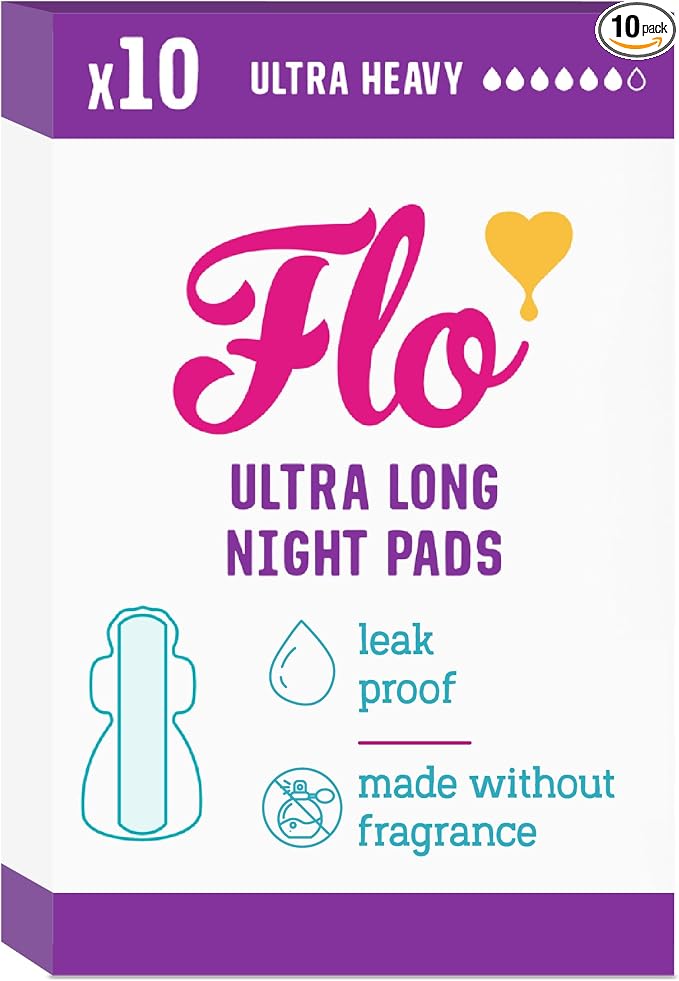 Flo - Ultra Long Night Menstrual Pads (10 Pack) - Organic Bamboo Period Pads for Women - Ultra Heavy Flow - 3D Leak Barrier - Absorbent, Soft, & Breathable - Plant Based – Vegan, Cruelty Free
