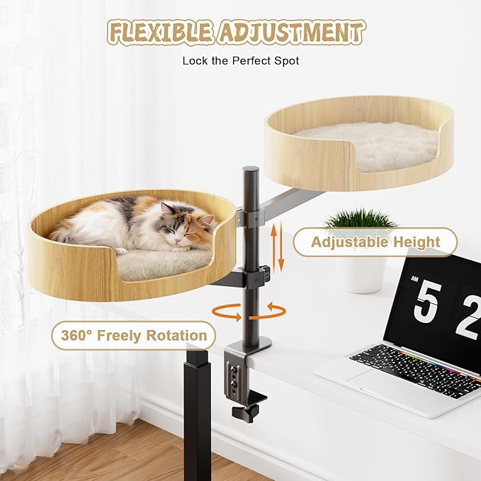 Spacocld Cat Desk Bed,Cat Bed for Desk 360° Rotating & Adjustable, Heavy-Duty Metal Cat Desk Hammock with Secure Clamp, Space-Saving Desk Cat Bed for Office Desk & Gaming Table,Detachable.