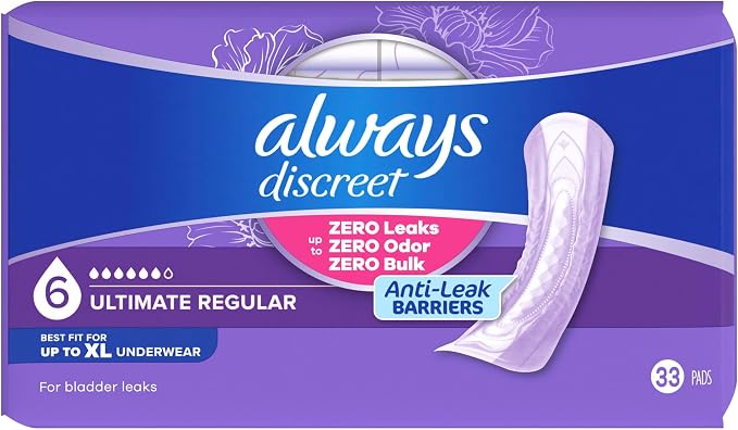 Always Discreet Adult Incontinence Pads for Women, Drier, 6 Drop Regular Length, Extra Heavy Absorbency, Pads for Bladder Control Management, Bladder Leaks, & Postpartum Pads, 66ct