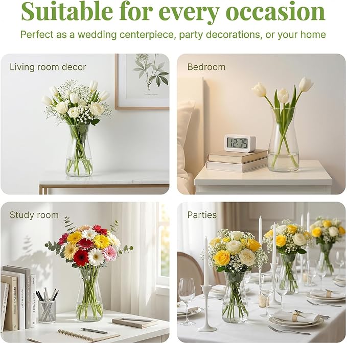 8 inch Glass Flower Vases for Flower 2 Pack,Clear Glass Vases | Vases for Centerpieces Table,Flower Bouquet Decoration,Wedding Decor Gift,Birthday,Living Room,Office Decor