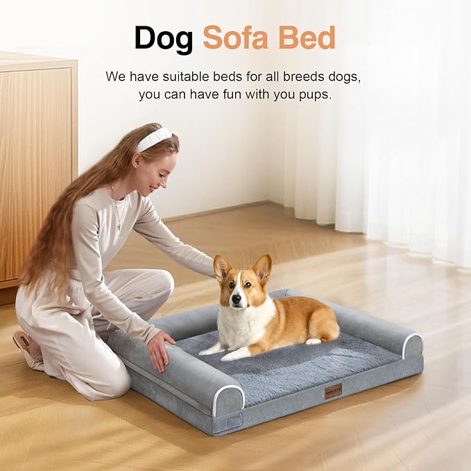 Orthopedic Dog Bed for Medium Dogs, 30 x 20 Inch, Light Grey | Egg crate foam for joint support, 3-sided bolster pet sofa, waterproof lining, washable cover, and non-skid base