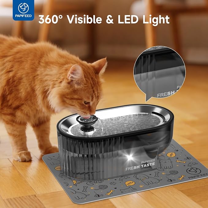 PAPIFEED Automatic Cat Feeder and Water Fountain Stainless Steel, Auto Cat Food & Water Dispenser, Quiet Pet Drinking Fountain with LED, Timed Cat Feeder with App, 10 Meals/Day, Smart Cat Feeder Set