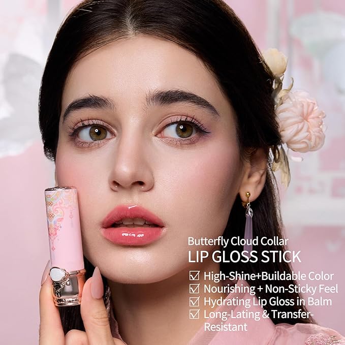Flower Knows Butterfly Cloud Collar Glossy Lipstick,Hydrating Solid Lip Gloss,Moisturizing Pink Tinted Lip Balm,Long Lasting Lip Gloss in Balm for Girls&Women,Vegan & Cruelty-Free(C05 Peach Blossom)