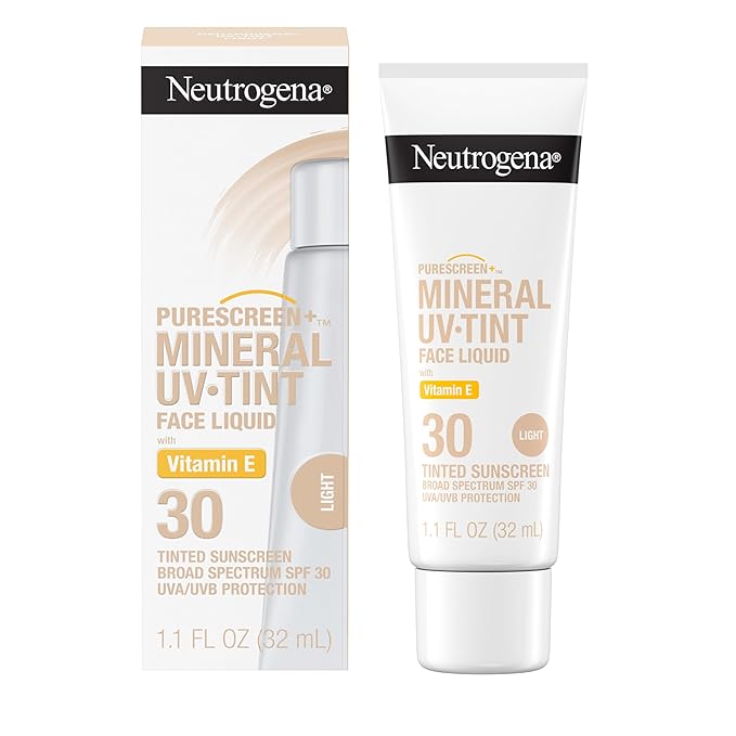 Neutrogena Purescreen+ Mineral UV Tint Face Liquid Tinted Sunscreen - with 100% Mineral Actives & Vitamin E,Enhances Natural Tone,Water Resistant,Broad Spectrum SPF 30,1.1 fl oz,(Pack of 2)