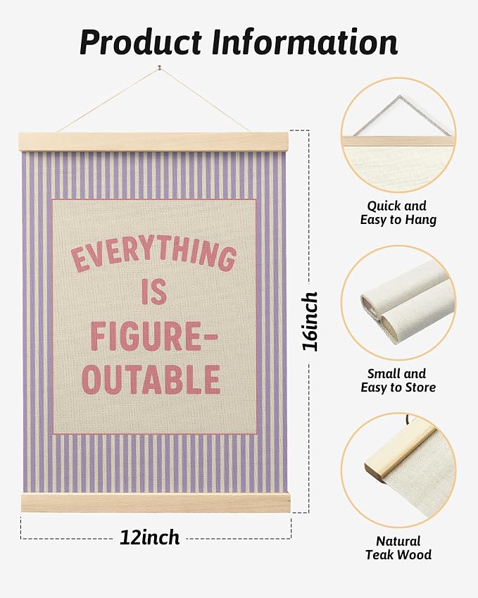 FGFK Everything Is Figureoutable Positive Affirmations Wall Art Poster Hanger Frame, Preppy Pink and Purple Inspirational Canvas Prints Framed Wall Decor for Office Classroom Home Bedroom, 12x16 Inch
