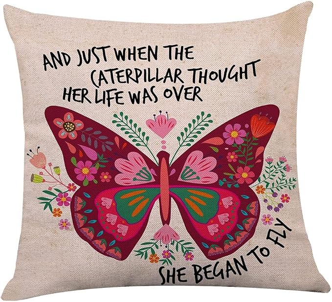 Littlefa Butterfly Decorative Throw Pillow Cover, She Began to Fly Sign | Motivational Throw Pillow Covers for Girls, Inspirational Decorative Pillow Case for Couch Girls Bedroom, 18×18 In