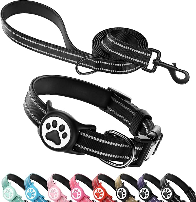 Airtag Dog Collar and Leash Set,Reflective Ultra-Durable Nylon Padded with QR Buckle & IP68 Waterproof Air Tag Holder Compatible for Apple AirTag,Comfortable for Small Medium Large Dogs(Black Set,XS)