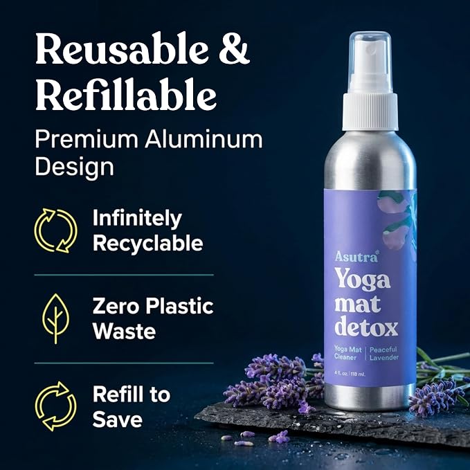 ASUTRA Yoga Mat Cleaner Spray (Peaceful Lavender - Aluminum Bottle), 4 fl oz - No Slippery Residue, Organic Essential Oils, Deep-Cleansing for Fitness Gear & Gym Equipment, Microfiber Towel Included