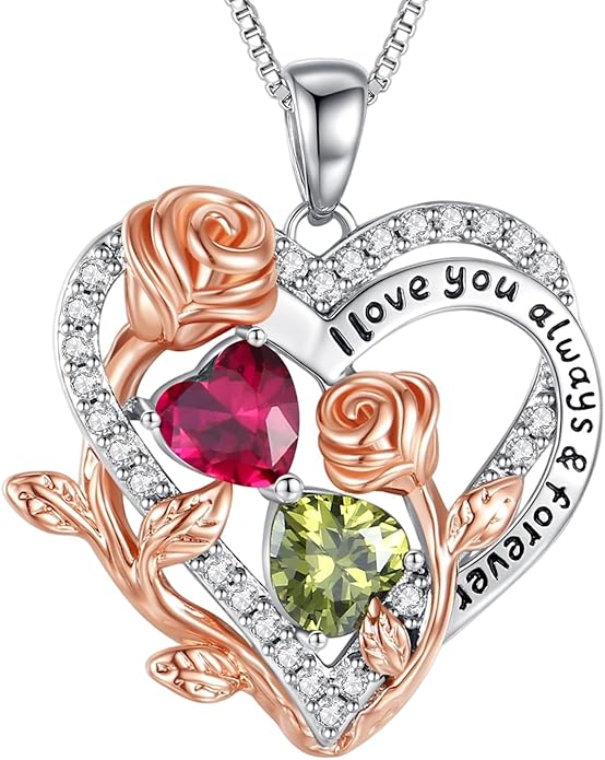 I Love You Birthstone Necklace, 925 Sterling Silver Heart Pendant with CZ Diamond Stones, Birthday Gifts for Women, Romantic Gift for Wife, Girlfriend, Her, Anniversary, Valentine's Day, Christmas
