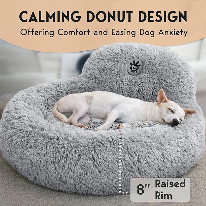 PetJett Calming Dog Bed Medium Size Dog - 30'' Donut Bed, Washable Dog Bed - Anti-Slip Super Soft Fluffy Plush Round Bed, Anti-Anxiety Premium Comfort Pet Bed, Fits Dogs up to 45 lbs - Bright Grey
