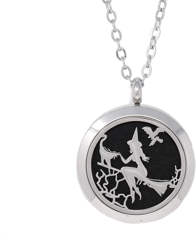 Aromatherapy Essential Oil Diffuser Stainless Steel 30MM Silver Magnetic Locket Pendant 2 Sizes Chain Necklace, Refill Pads & Diffuser Bracelet in a Velvet Bag (Witch)