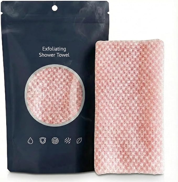 Honyjooy Exfoliating Shower Towel, Exfoliating Skin Bath Towel, Premium Scrub Wash Cloth for Face & Body Scrub Towel, All Skin Types for Men and Woman (Pink)