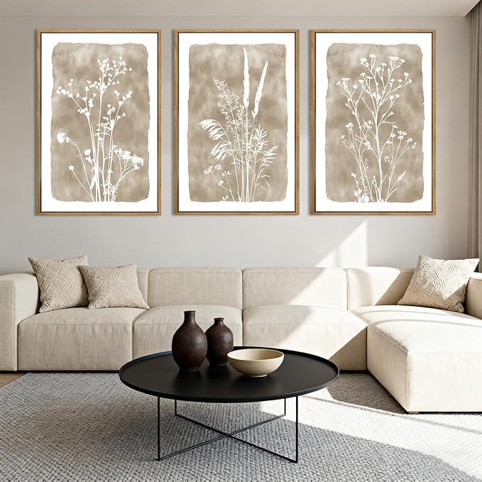 ANHUIB Beige Neutral Floral Canvas Wall Art 16x24 Inch Framed Brown Botanital Wall Decor Large Rustic Farmhouse Wildflower Artwork Boho Vintage Plant Art Prints Set of 3 for Living Room Bedroom Office