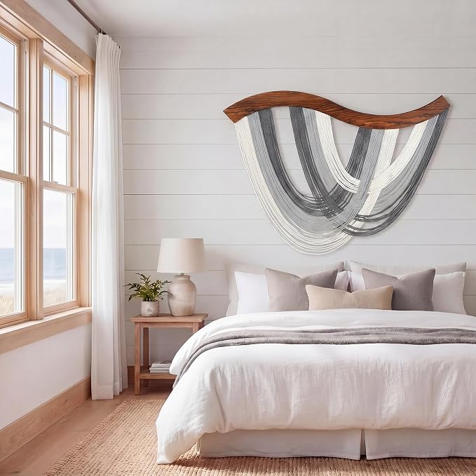 Neutral Grey Macrame Wall Hanging Dip Dyed Yarn Wall Art, Modern Boho Decor | Handmade Cotton Rope Tapestry for Bedroom, Living Room, Nursery, 31.5 x 23.6 Inch
