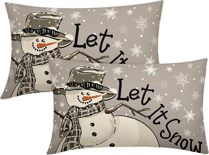 Christmas Gray Lumbar Pillow Covers 12X20 Inch Set of 2 Xmas Snowman Snowflake Decorative Pillow Cases Winter Holiday Cotton Linen Cushion Case Modern Home Decor for Sofa Couch Bedroom