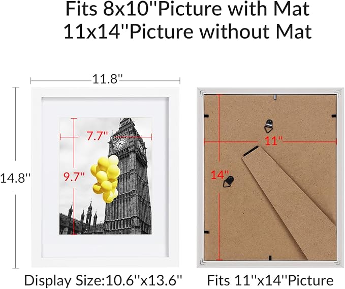 11x14 Picture Frame Set of 9, Display Pictures 8x10 with Mat or 11x14 without Mat, Multi Collage Gallery Square Photo Frames for Wall or Tabletop, White