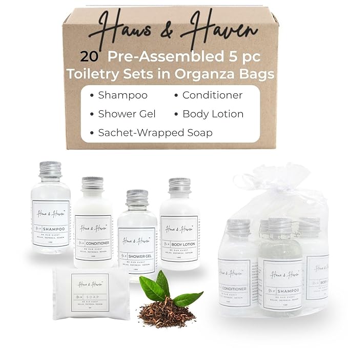 Haus & Haven Hotel Toiletry Sets - 20 Pre-Assembled 5-Piece Guest Amenities in Organza Bags - shampoo, conditioner, shower gel, body lotion and bar soap - White Tea Scent