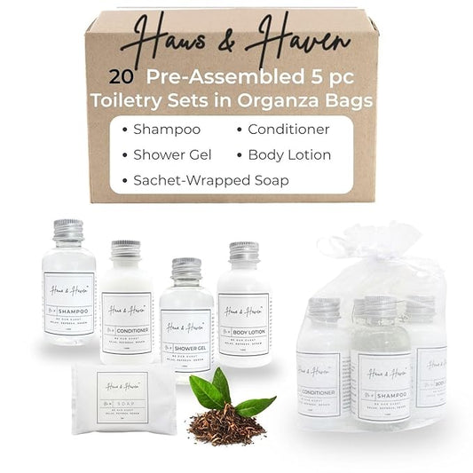 Haus & Haven Hotel Toiletry Sets - 20 Pre-Assembled 5-Piece Guest Amenities in Organza Bags - shampoo, conditioner, shower gel, body lotion and bar soap - White Tea Scent