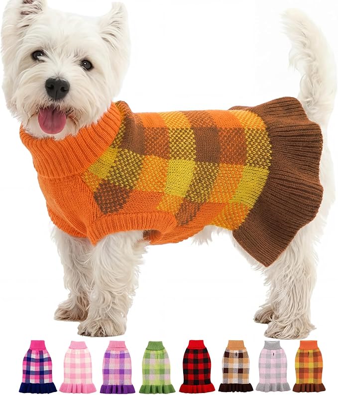 Dog Sweater Dress Plaid Knitwear for Small Medium Dogs Warm Puppy Pet Turtleneck Stretch Pullover Cute Fall Winter Vest Clothes with Leash Hole for Christmas (Orange, L)