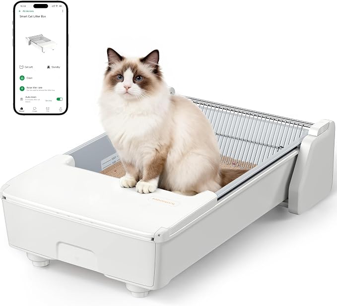 Meowant Self Cleaning Cat Litter Box,Dual Rake, Anti Pinch Safe Protection | Removable Non-Stick Tray For Quick 1-Min Cleaning, Plus Sealed Bin And Deodorizer To Control Odors.