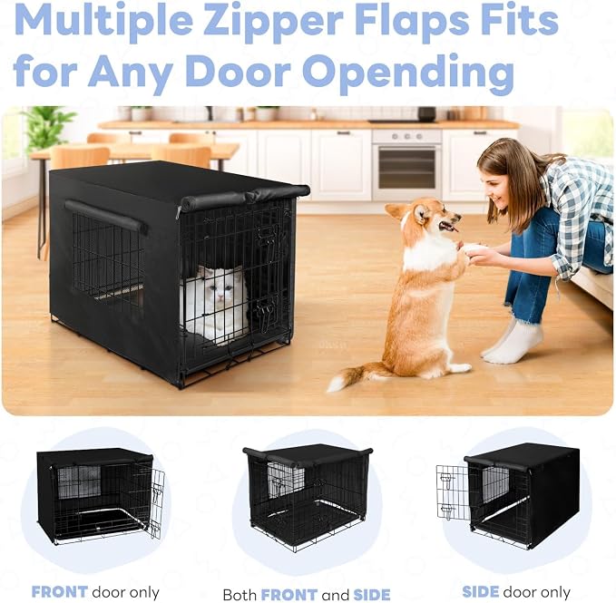 Seiyierr 48 Inche Dog Crate Cover, Double Door Dog Kennel Cover for Large Wire Dog Crate, Lightweight 600D Polyester Windproof Pet Crate Covers, Cover Only, Black