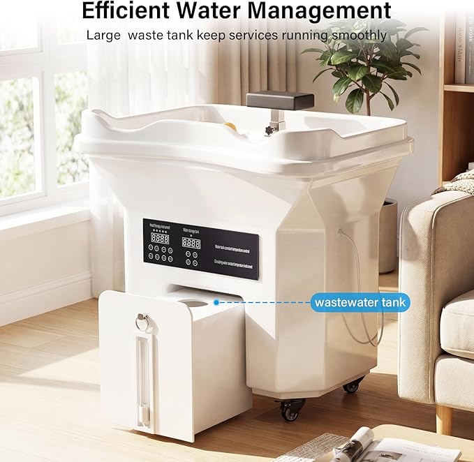 Head Spa Equipment with Thermostatic Waterfall Circulation, 60L Water Storage and 30L Wastewater Tanks, Mobile Shampoo Bowl with Fumigation & LED Therapy for Spa Bed Salon Scalp Care, White