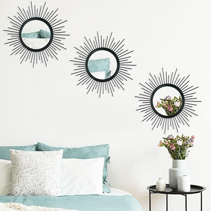3 Pack Metal Mirrors for Wall Sunburst Wall Mirrors Home Décor Decorative Hanging Wall Art for Living Room Bedroom Entryway (Black, Sunburst)