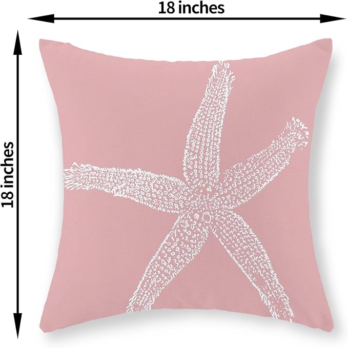 Coastal Pillow Covers 18x18 Inch Set of 2, Pink Coral Starfish Throw Pillows Nautical Ocean Decorations Beach Pillowcase Outdoor Decor Linen Farmhouse Cushion Case for Home Sofa Living Room