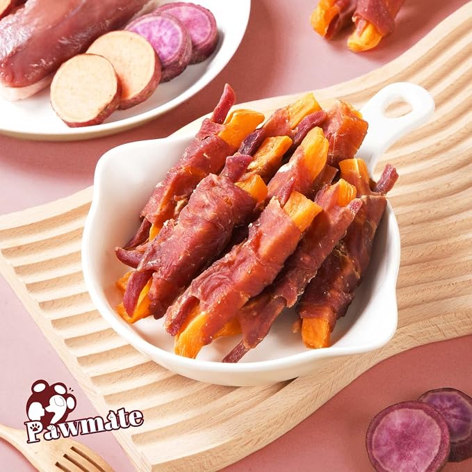 Pawmate Dog Treats Duck Jerky Wrapped Double Purple Sweet Potato 10.6oz | High Protein Dog Training Treats, Healthy Low Fat Duck Jerky Chews, Chewy Snacks for Small Medium Large Dogs 12-15 Counts