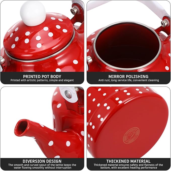 Cabilock Red Tea Kettle, 1.8 Quart Vintage Enamel Tea Kettle for Stovetop, Non-Whistling with Polka Dot Design and Ceramic-Style Handle, Retro Kitchen Decor Water Pot for Home Coffee