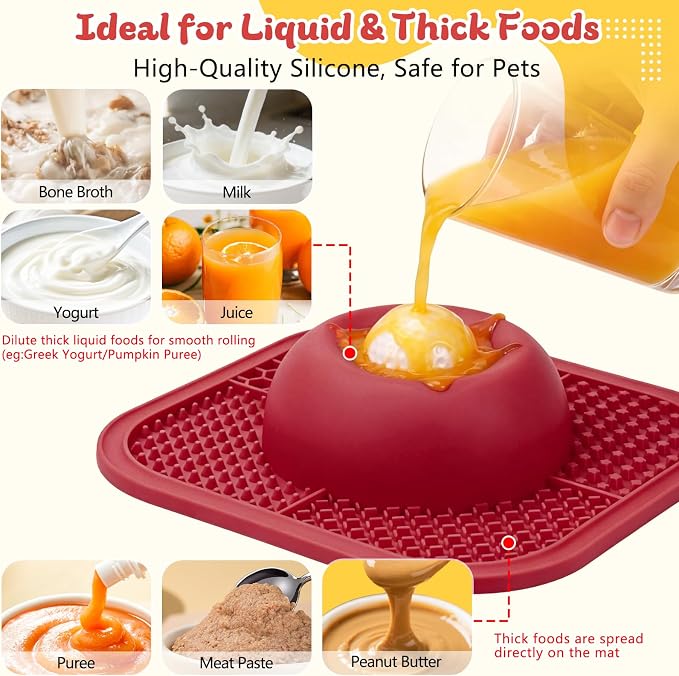 Slow Feeder Dog Bowls & Lick Mat for Liquid and Thick Treat, Anti-Slip Dog Lick Bowl with Interactive Rolling Ball, 5/6 Cup Pup Licking Toy for Large Medium Small Dogs and Cats Red
