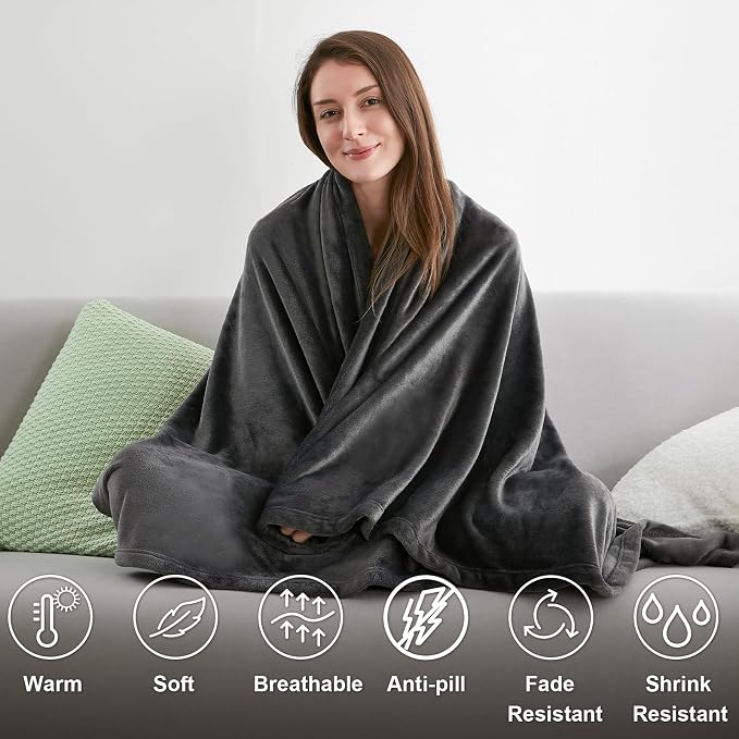 Hansleep Twin Dark Grey Fleece Blanket, Soft Flannel Bed Blanket | Fuzzy Cozy Blanket 60x80 Inches, Multi-use for Bed, Sofa, Couch, Travel, Camping, All Season Warm Lightweight Cover