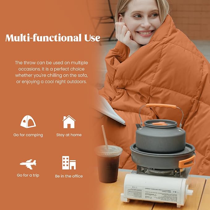 puredown® Soft Feather Down Throw Blanket Lightweight Packable Couch Throw for Indoor and Outdoor Use, Throw 50"X70", Burnt Orange, 12oz