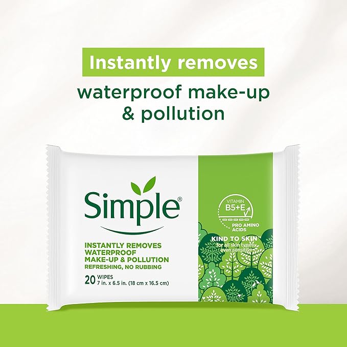 Simple Kind To Skin Micellar Makeup Remover Wipes - Face Wipes Instantly Remove Waterproof Makeup - Enriched with Vitamin B5 and E - Vegan - 2 pc