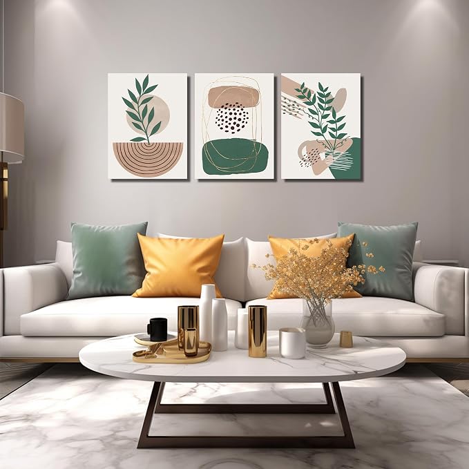 DNIEOTU Boho Canvas Wall Art for Living Room, Minimalist Geometric Shapes Wall-Decor for Bedroom, Modern Botanical Picture Prints, Size 16 x 24 Inches 3-Pieces