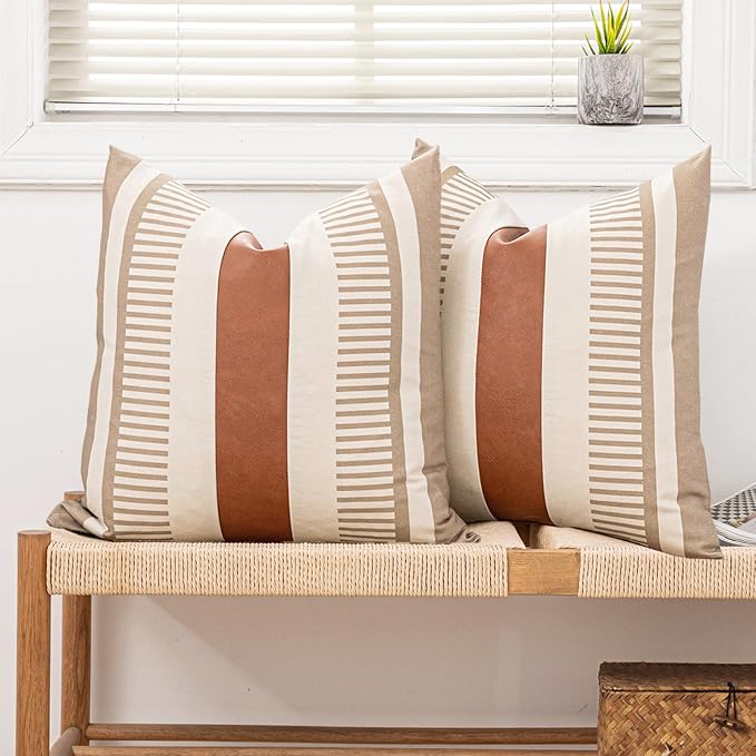 2 Pack 20x20 Inch Pillow Covers - Brown Faux Leather & Tan Stripe Print Soft Canvas Splicing, Same Pattern Both Sides | for Sofa Couch Bed Living Room, Farmhouse Industrial Minimalist Decor