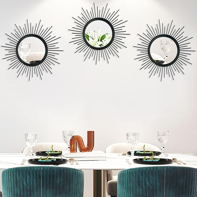 3 Pack Metal Mirrors for Wall Sunburst Wall Mirrors Home Décor Decorative Hanging Wall Art for Living Room Bedroom Entryway (Black, Sunburst)