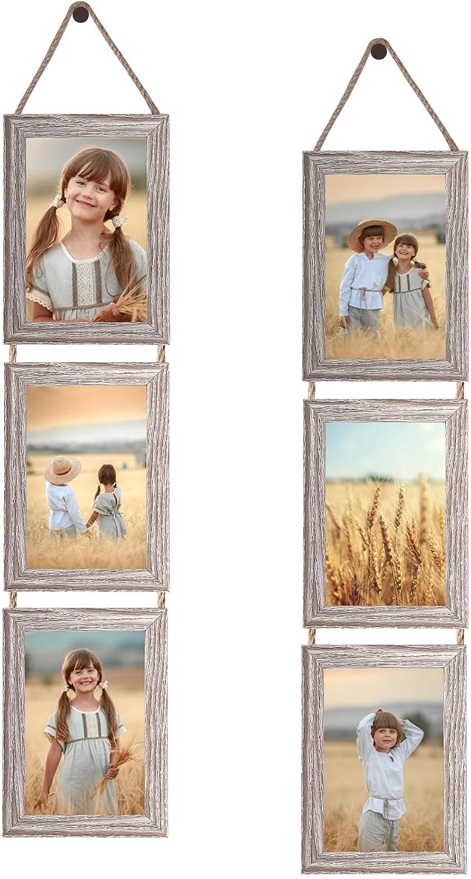 QUTREY 4x6 Collage Picture Frames, 6 Openings Vertical Hanging Photo Frame Set of 2, 4 by 6 inch Multi Picture Frames for Wall Decor, Rustic Grain