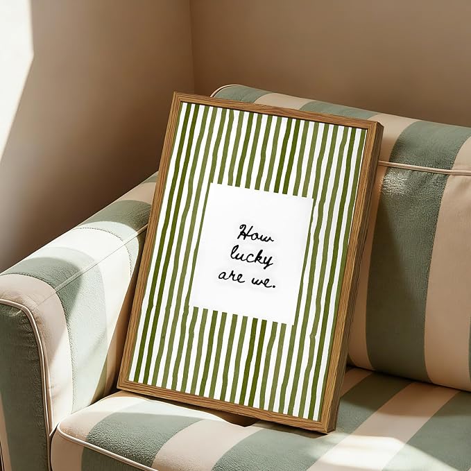 Framed How Lucky Are We Wall Art, Green Striped Pictures Wall Decor, Trendy Inspirational Quote Paintings Canvas Prints Preppy Home Decor for Living Room Bedroom Office Dorm 12x16 inch
