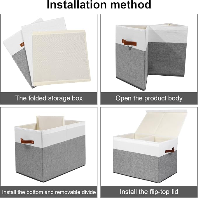 Large Toy Storage Box with Lid, Toy Chest Bin Boxes Basket with Dividers | Sturdy Toy Organizer Bin for Kids, Boys, Girls, Nursery, Living Room, Bedroom, Playroom 25"x13" x16" (Grey and White)