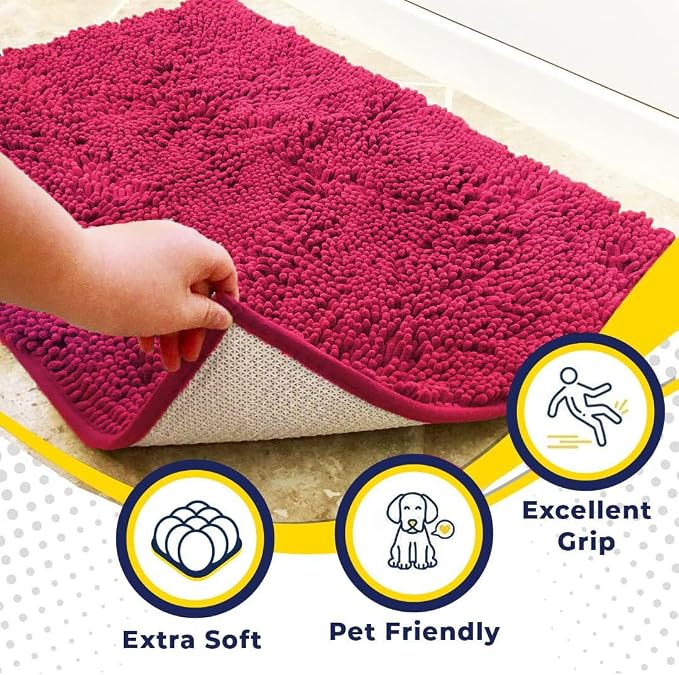 Muddy Mat® | Super Water Absorbent Door Mat Indoor, Microfiber Quick Dry Chenille Entryway Rug, Slip Resistant Front Door Mat, Indoor Mats for Entryway, Machine Washable Pet Rug, Hot Pink 26" x 42"