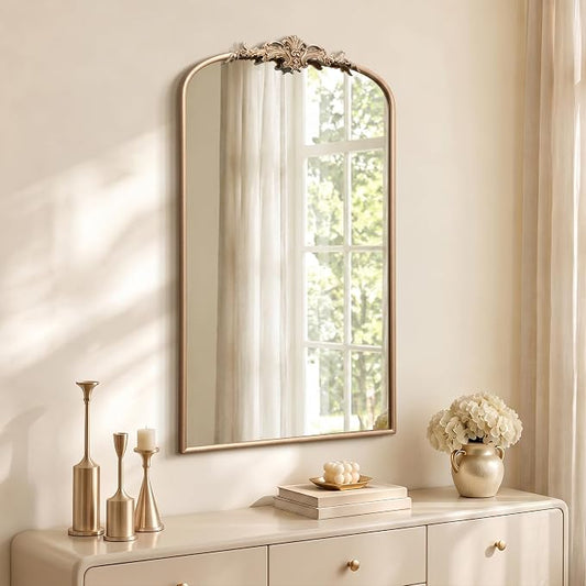 Besdomus Vintage Large Wall Mirror: 24"x42" French Gold Arch Vanity Mirrors | Champagne Baroque Antique Decorative - Traditional Ornate for Hallway/Fireplace/Over Sink - Ideal for Bathroom Remodeling