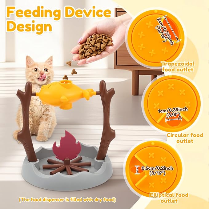 Cat BBQ Toy Treat Dispensing Slow Feeder Bowl, Unique Rotatable Fish and Flame Cognitive Training Game Enrichment Interactive Stimulation Toy for Indoor Kitty(Yellow)